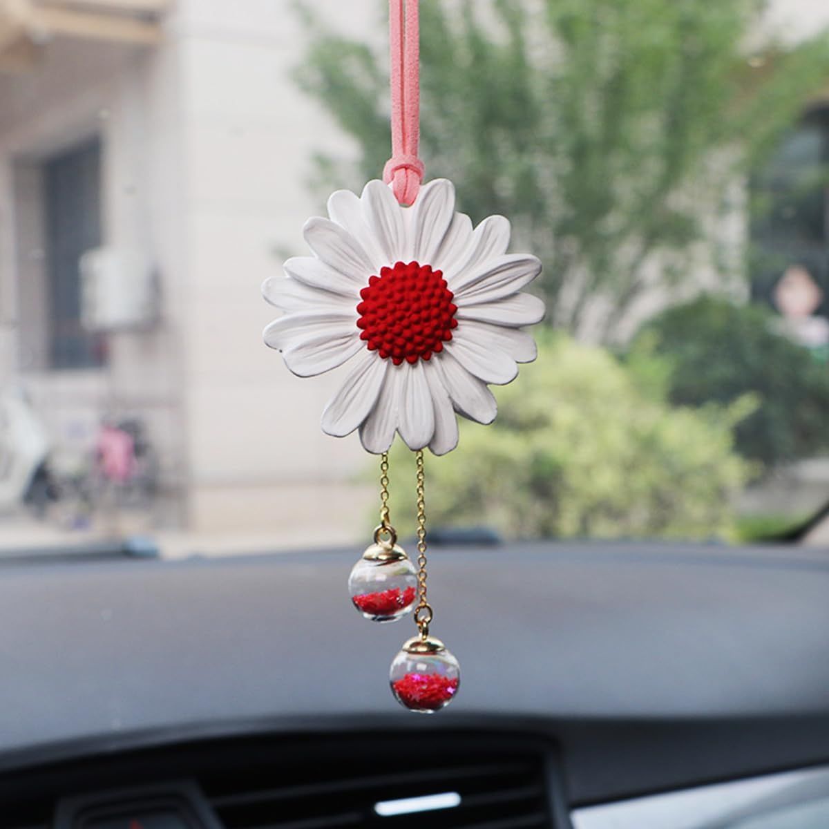 Daisy Car Hanging Ornaments for Women Girls Cute Sunflower Car Rear View Mirror Hanging Charms Automotive Interior Aesthetic Decoration Accessories Gift (White & Red) - Image 1