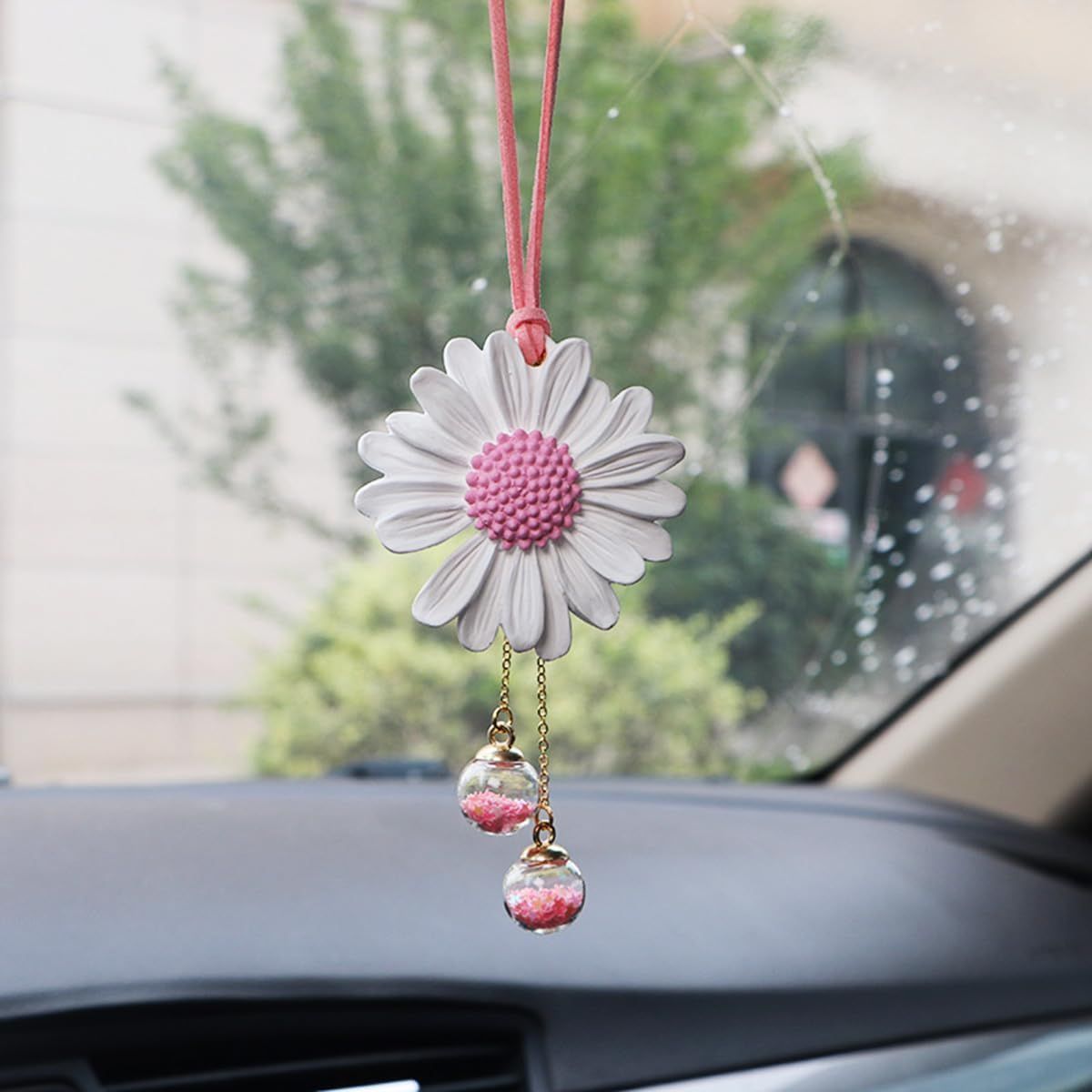 Daisy Car Hanging Ornaments for Women Girls Cute Sunflower Car Rear View Mirror Hanging Charms Automotive Interior Aesthetic Decoration Accessories Gift (White & Pink) - Image 1