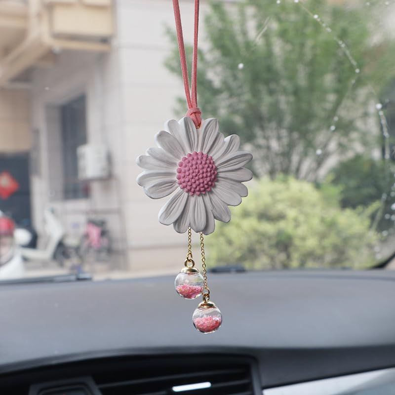 Daisy Car Hanging Ornaments for Women Girls Cute Sunflower Car Rear View Mirror Hanging Charms Automotive Interior Aesthetic Decoration Accessories Gift (White & Pink) - Image 3