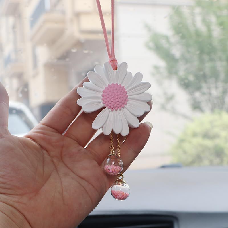 Daisy Car Hanging Ornaments for Women Girls Cute Sunflower Car Rear View Mirror Hanging Charms Automotive Interior Aesthetic Decoration Accessories Gift (White & Pink) - Image 4