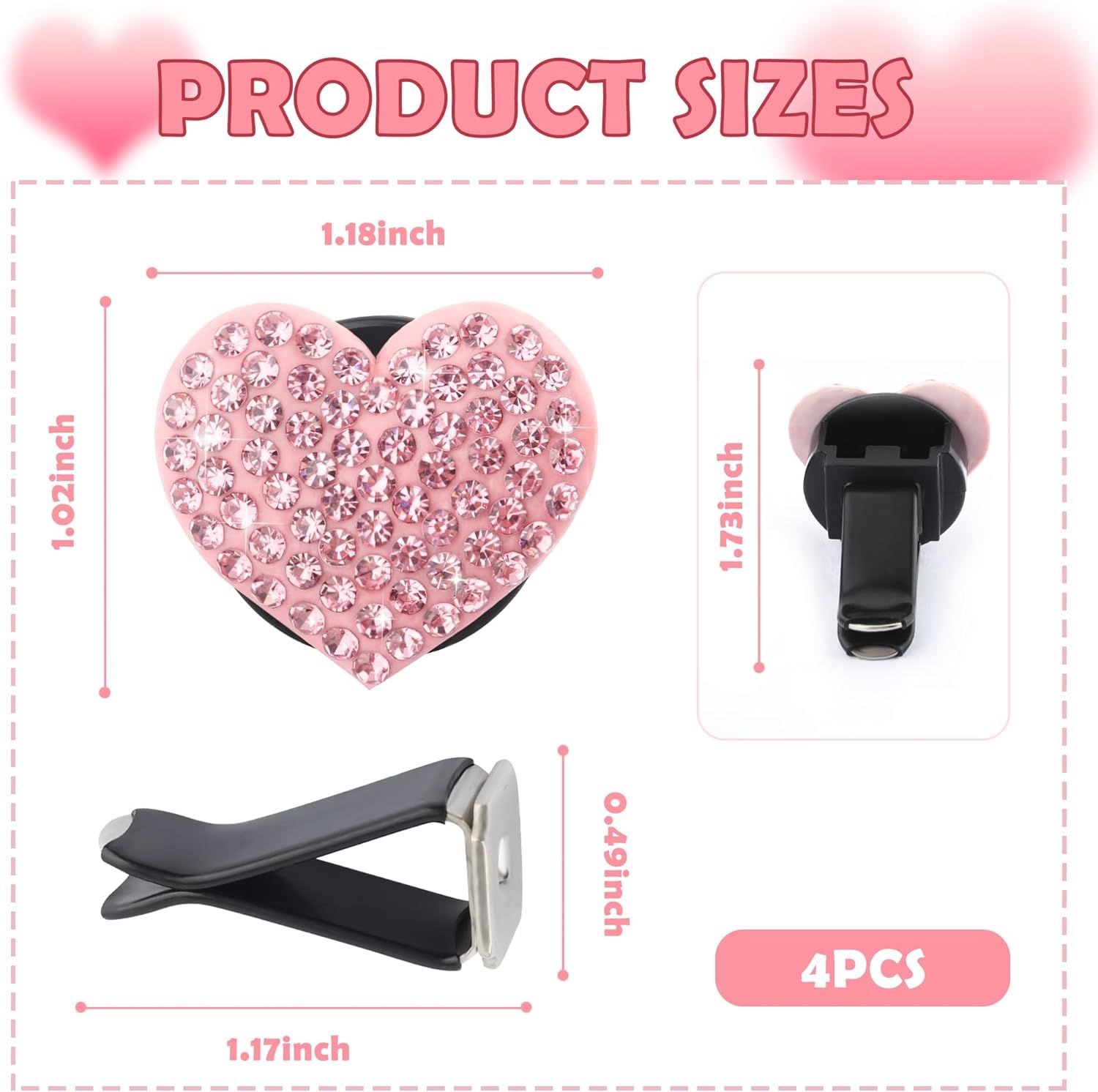 4PCS Heart-Shaped Car Vent Clips with Rhinestone,Bling Air Vent Clips Car Decorations,Premium Shiny Car Clips for Vents CCar Accessories Interior for Cars,Trucks,SUVs (Pink) - Image 2