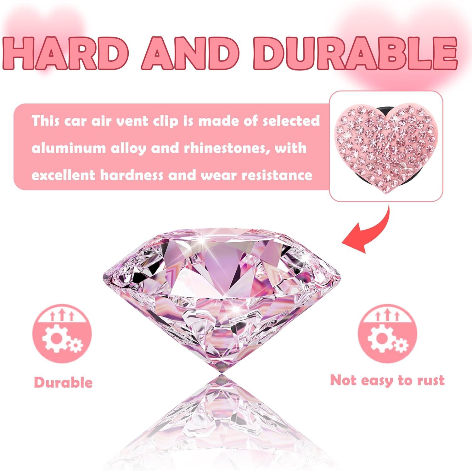 4PCS Heart-Shaped Car Vent Clips with Rhinestone,Bling Air Vent Clips Car Decorations,Premium Shiny Car Clips for Vents CCar Accessories Interior for Cars,Trucks,SUVs (Pink) - Image 3