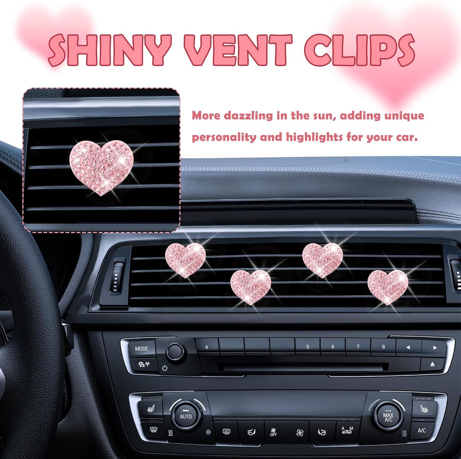 4PCS Heart-Shaped Car Vent Clips with Rhinestone,Bling Air Vent Clips Car Decorations,Premium Shiny Car Clips for Vents CCar Accessories Interior for Cars,Trucks,SUVs (Pink) - Image 4
