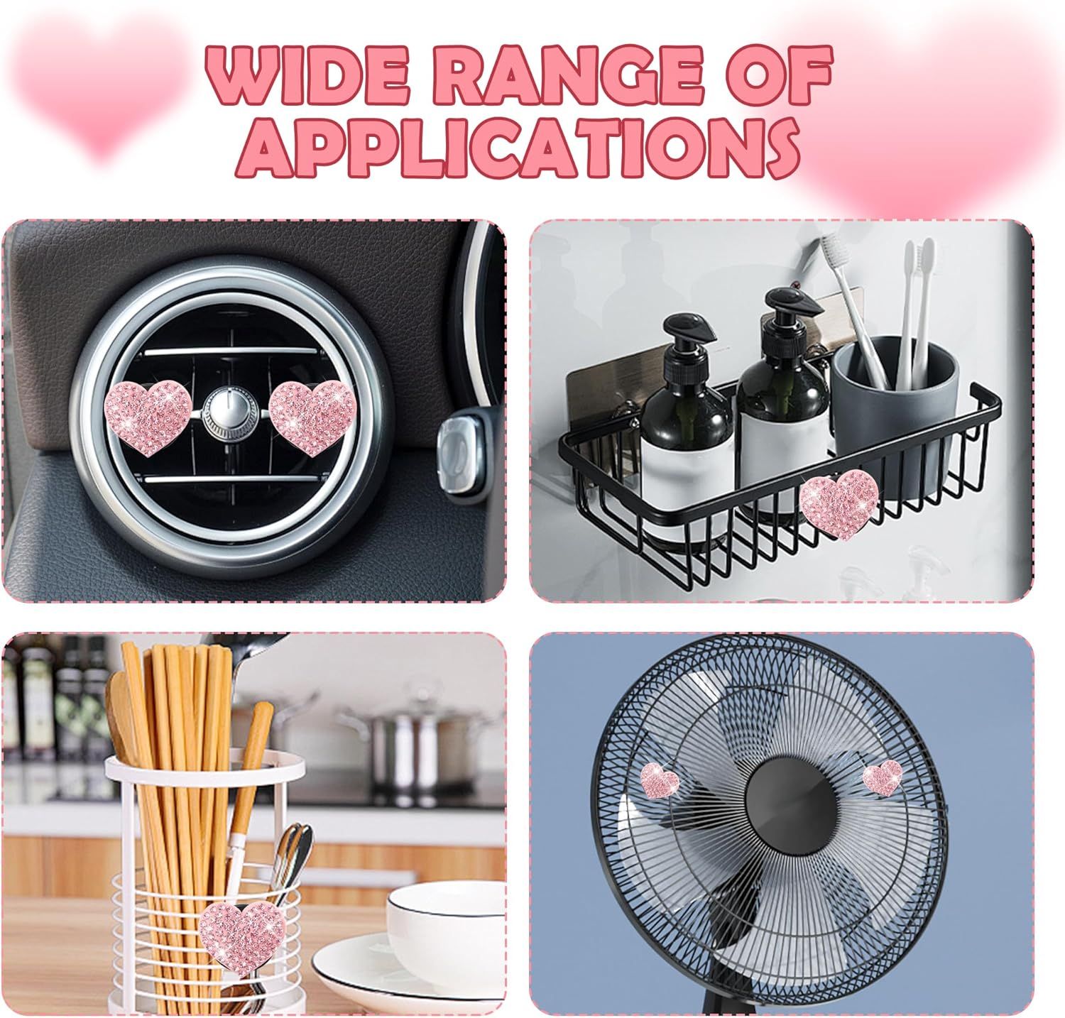 4PCS Heart-Shaped Car Vent Clips with Rhinestone,Bling Air Vent Clips Car Decorations,Premium Shiny Car Clips for Vents CCar Accessories Interior for Cars,Trucks,SUVs (Pink) - Image 5
