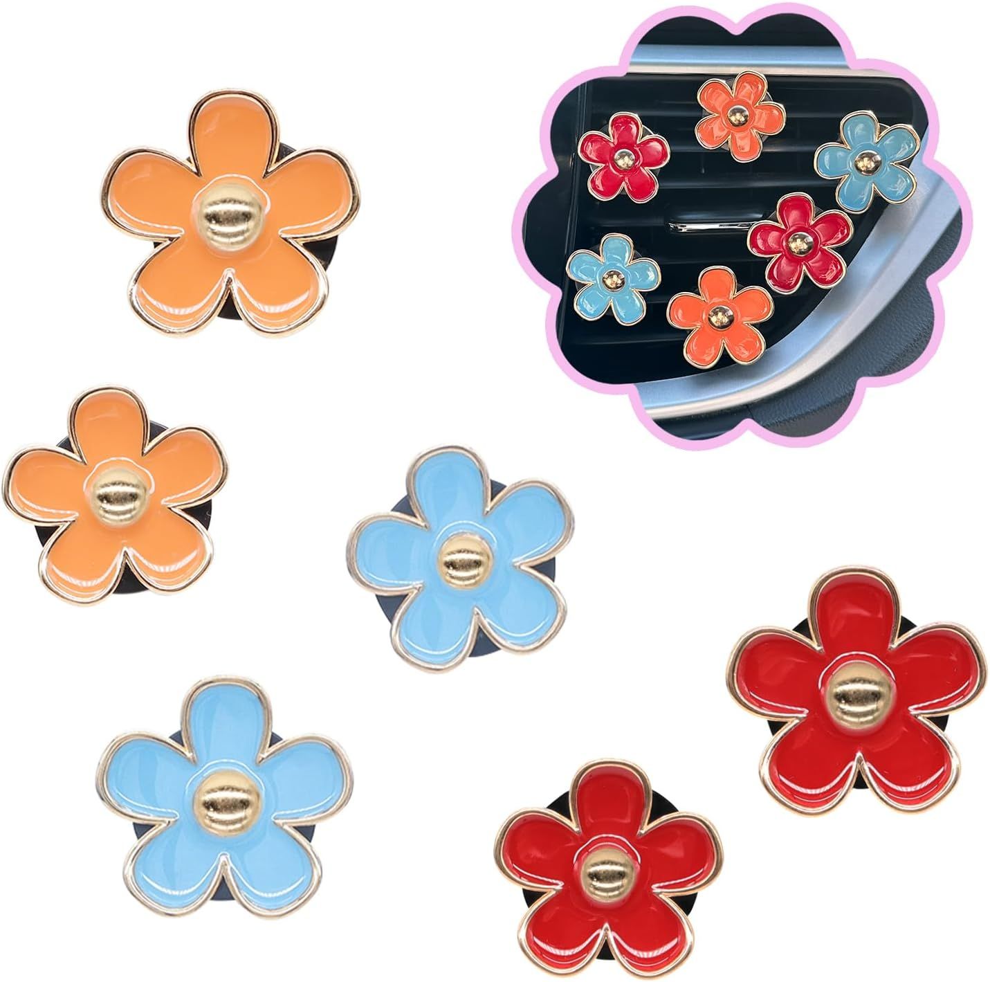 6pcs Flower Air Vent Clips Car Air Freshener,Red Orange Blue Daisy Flowers Vent Clip Car Accessories for Women,Girly Car Decor Refillable Car Diffuser - Image 1