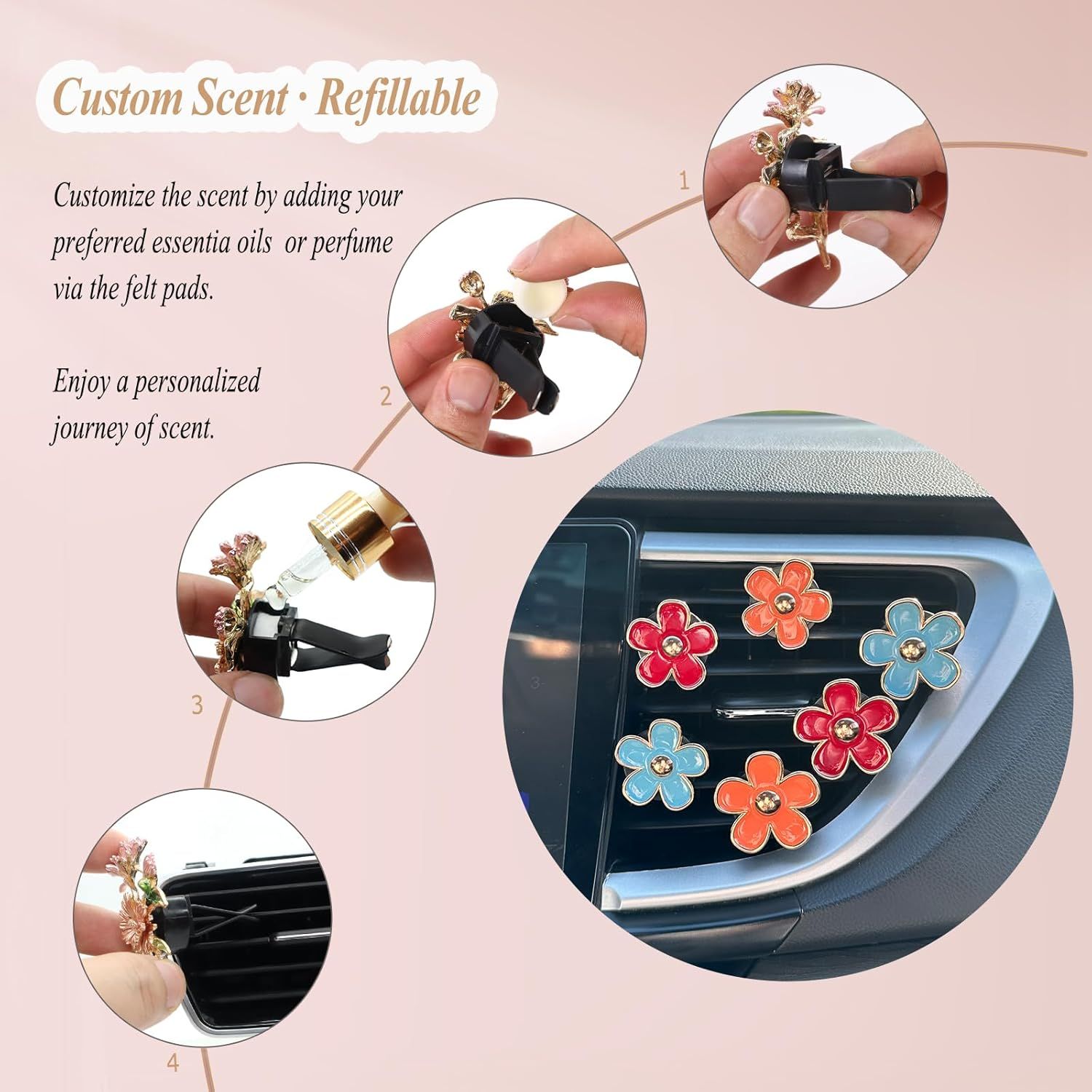 6pcs Flower Air Vent Clips Car Air Freshener,Red Orange Blue Daisy Flowers Vent Clip Car Accessories for Women,Girly Car Decor Refillable Car Diffuser - Image 5