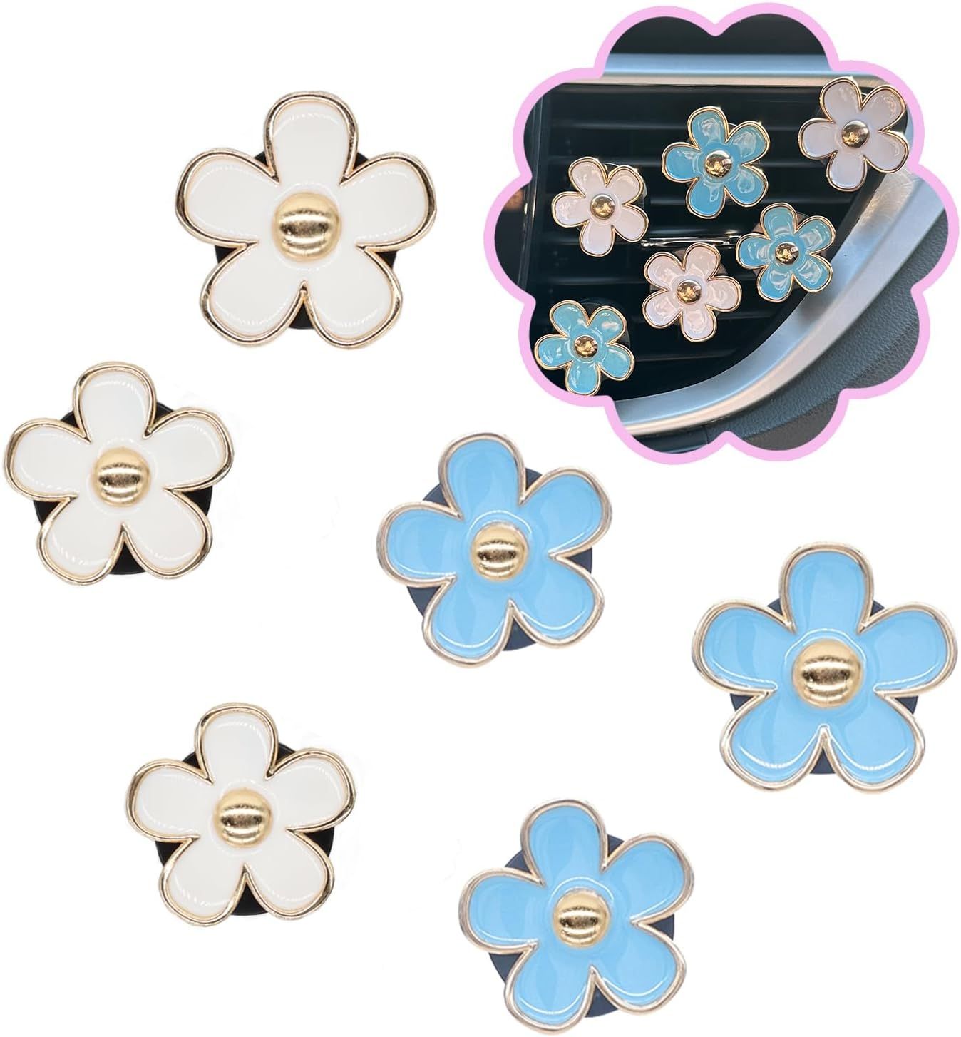 6pcs Flowers Car Air Freshener Vent Clips Blue White Daisy Flowers Air Vent Clip Car Accessories for Women 3.3cm/3cm Refillable Daisy Decor Diffuser - Image 1