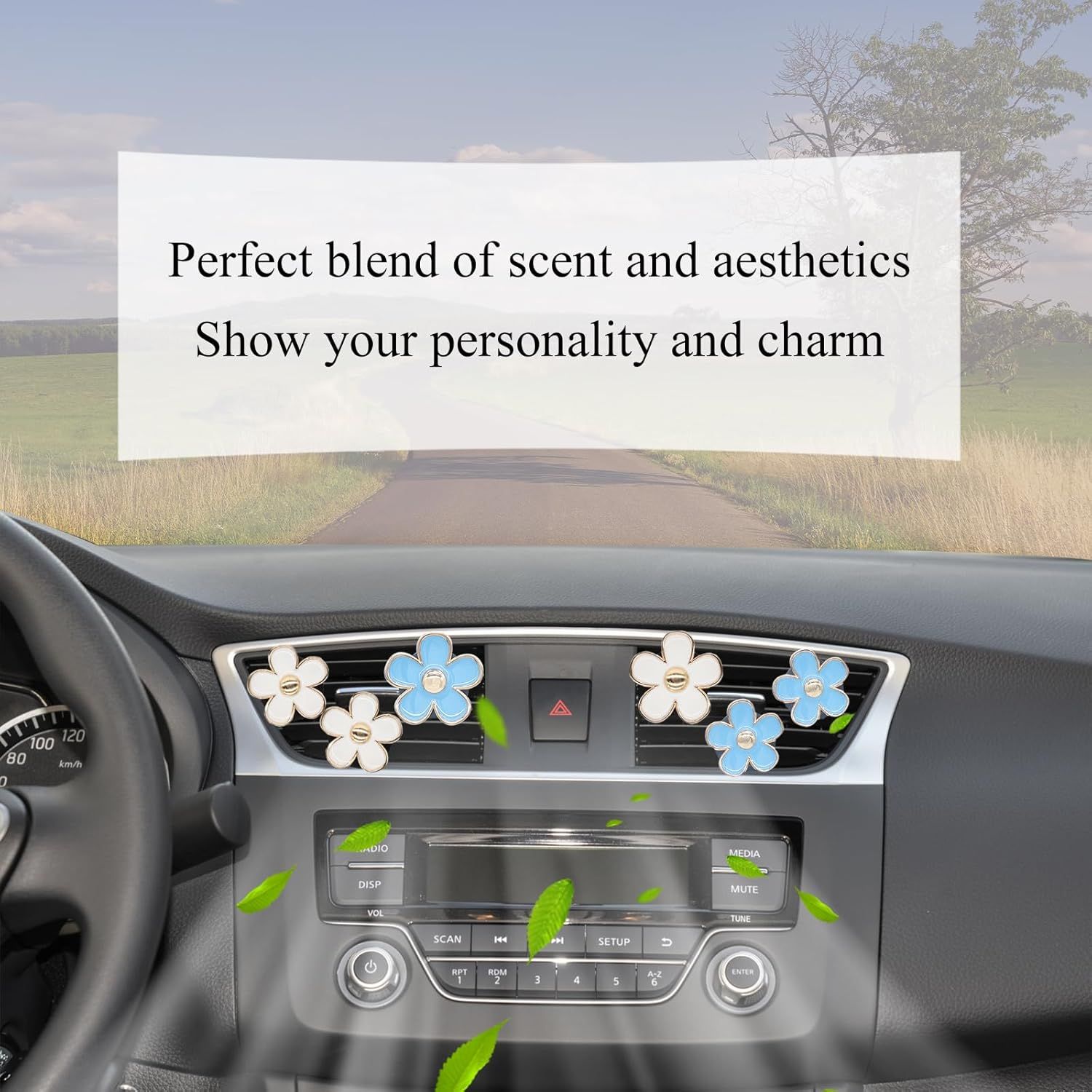 6pcs Flowers Car Air Freshener Vent Clips Blue White Daisy Flowers Air Vent Clip Car Accessories for Women 3.3cm/3cm Refillable Daisy Decor Diffuser - Image 2