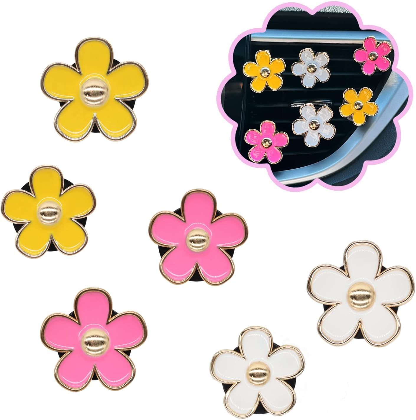 6pcs Flowers Car Air Freshener Vent Clips,Pink Yellow White Daisy Flowers Air Vent Clip Car Accessories for Women,3.3cm/3cm Flower Girly Vehicle Decor Refillable Outlet Diffuser - Image 1