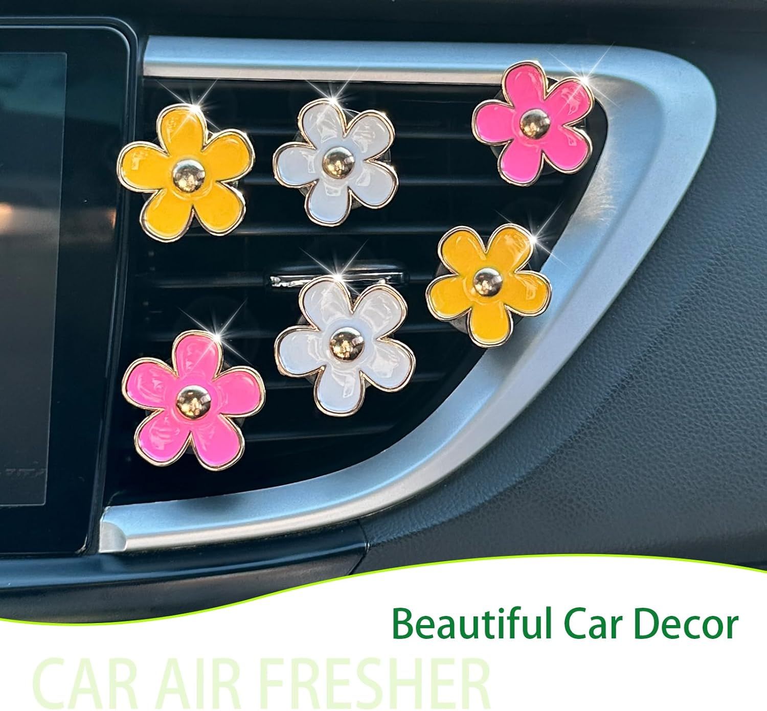 6pcs Flowers Car Air Freshener Vent Clips,Pink Yellow White Daisy Flowers Air Vent Clip Car Accessories for Women,3.3cm/3cm Flower Girly Vehicle Decor Refillable Outlet Diffuser - Image 2