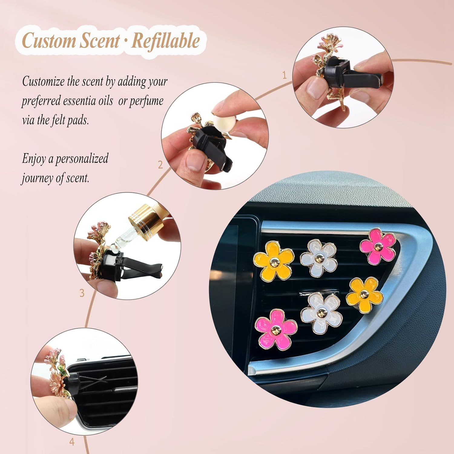6pcs Flowers Car Air Freshener Vent Clips,Pink Yellow White Daisy Flowers Air Vent Clip Car Accessories for Women,3.3cm/3cm Flower Girly Vehicle Decor Refillable Outlet Diffuser - Image 5