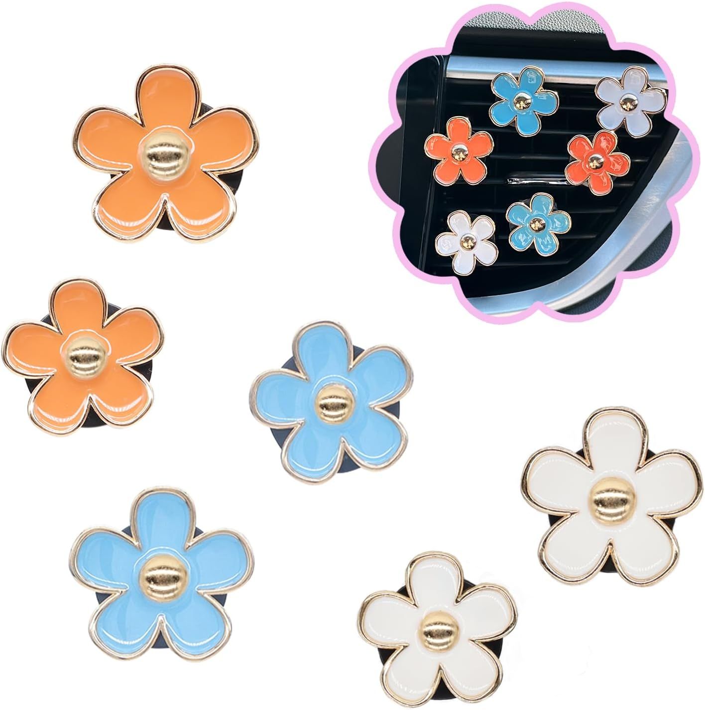 6pcs Flowers Car Air Freshener Vent Clips,Blue Orange White Daisy Air Vent Clip Car Accessories for Women,3.3cm/3cm Flowers Vehicle Decor Refillable Diffuser - Image 1