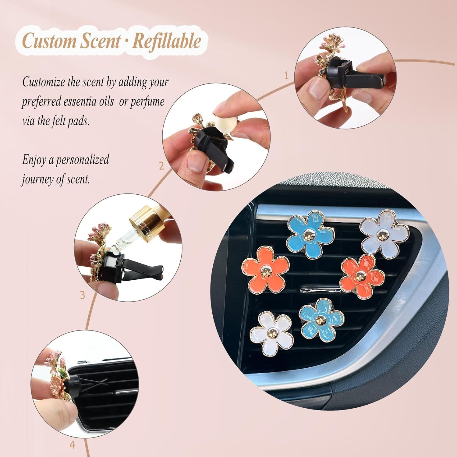 6pcs Flowers Car Air Freshener Vent Clips,Blue Orange White Daisy Air Vent Clip Car Accessories for Women,3.3cm/3cm Flowers Vehicle Decor Refillable Diffuser - Image 5