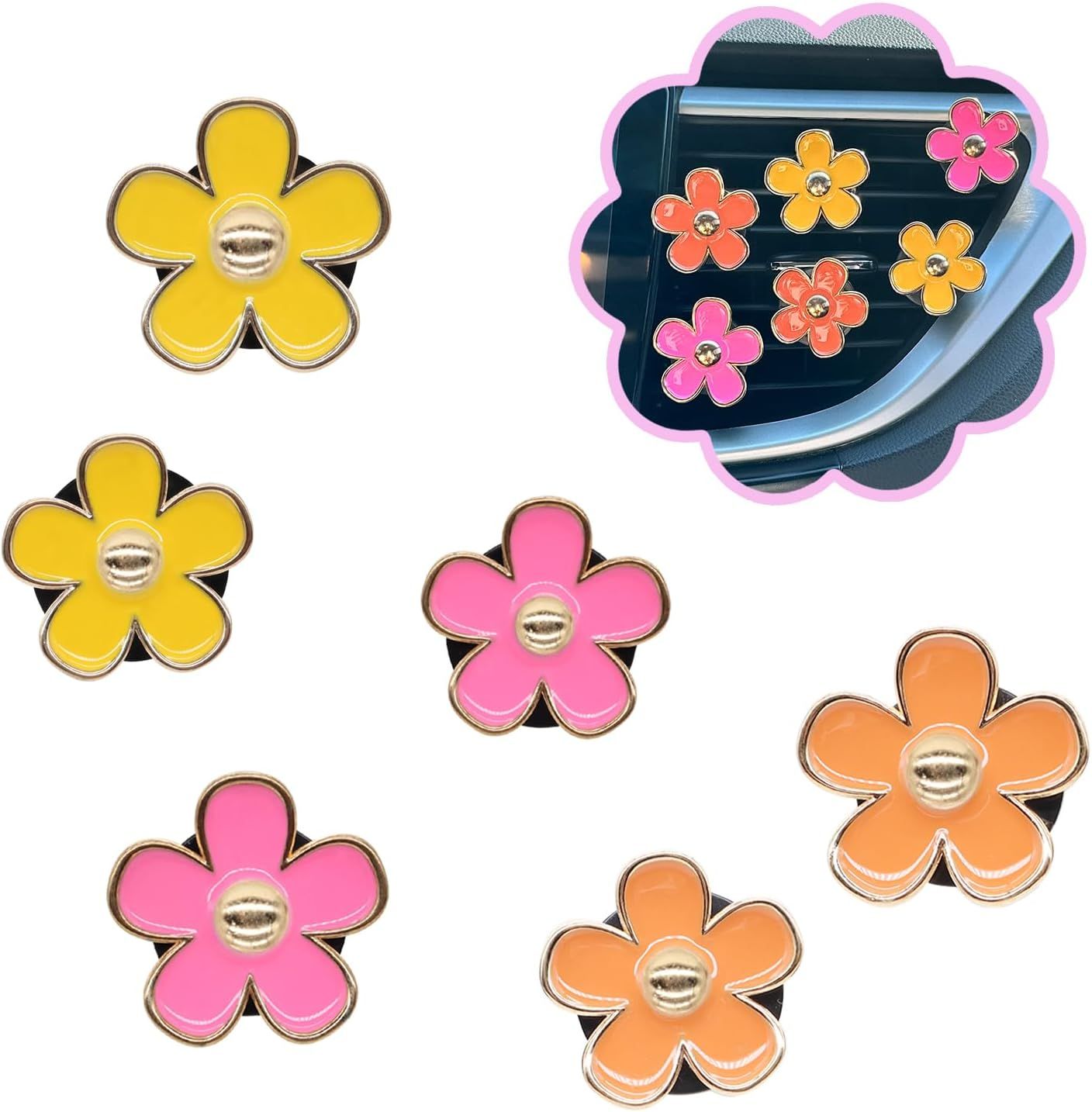 6pcs Flower Air Freshener Vent Clips,Pink Yellow Orange Daisy Car Decor Accessories for Women,3.3cm/3cm Girly Refillable Diffuser - Image 1