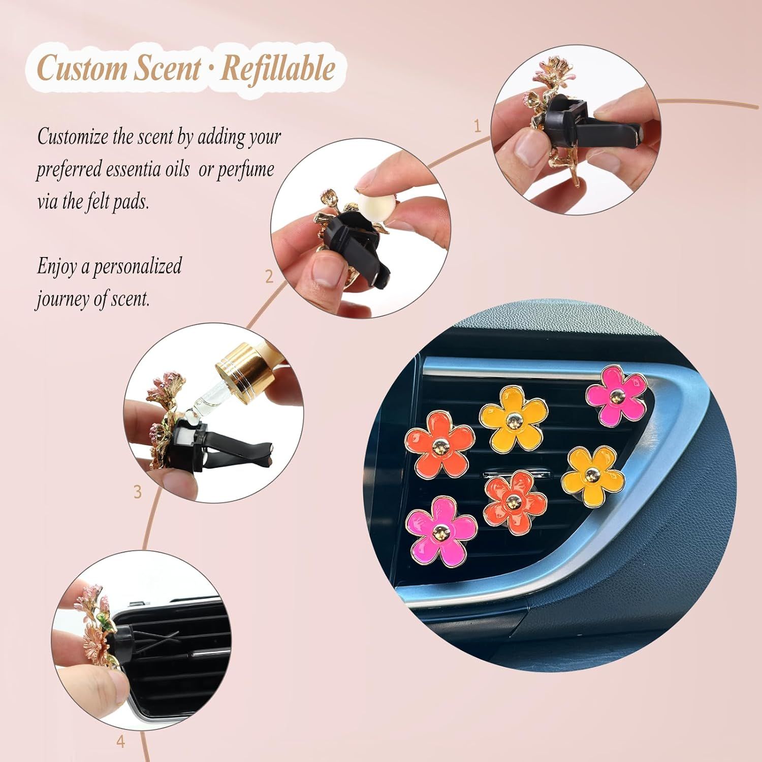 6pcs Flower Air Freshener Vent Clips,Pink Yellow Orange Daisy Car Decor Accessories for Women,3.3cm/3cm Girly Refillable Diffuser - Image 5
