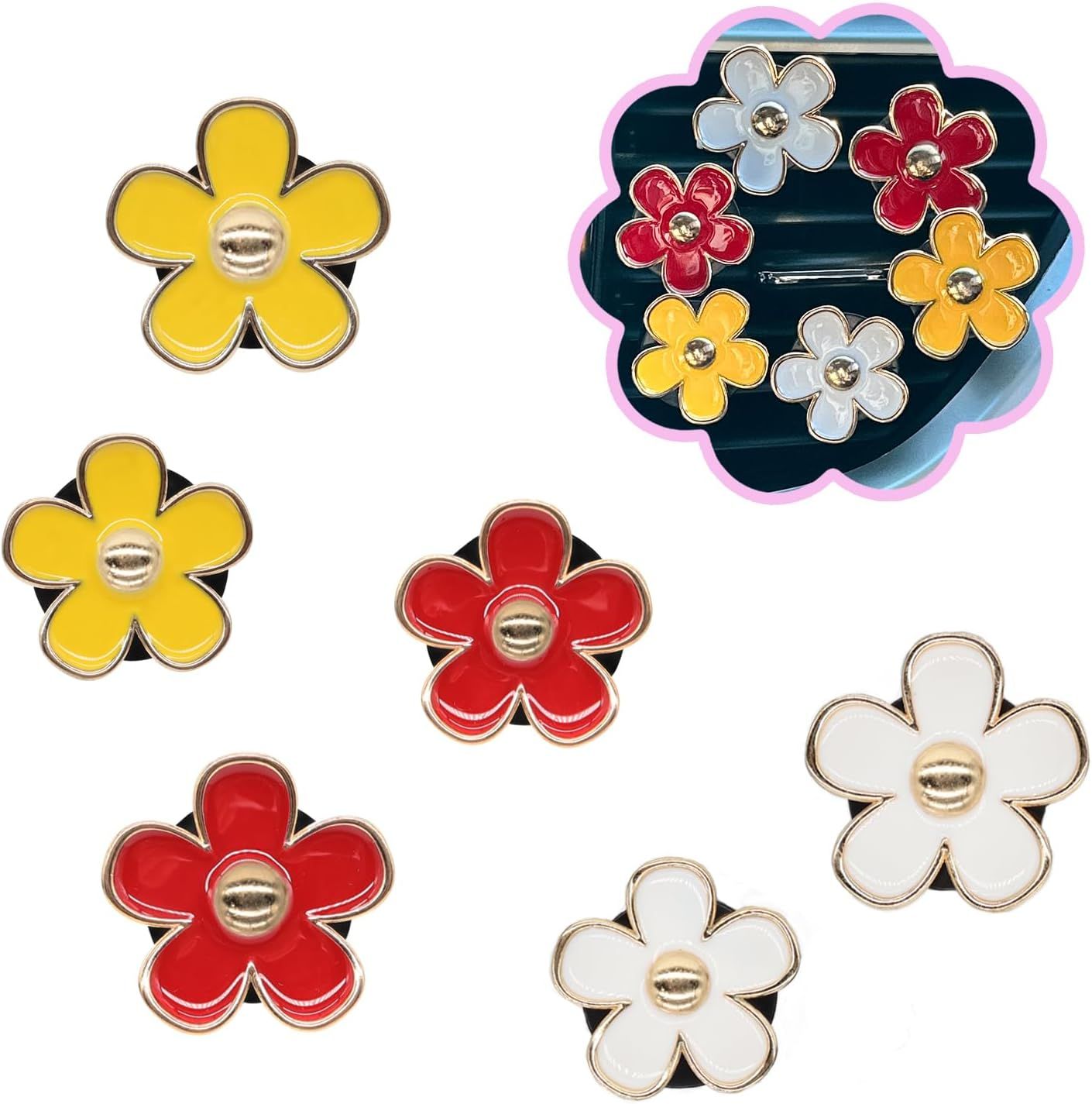6pcs Flower Car Air Freshener Vent Clips,Red Yellow White Daisy Car Dashboard Accessories,3.3cm/3cm Flower Air Vent Clip for Women,Refillable Car Diffuser Decor - Image 1
