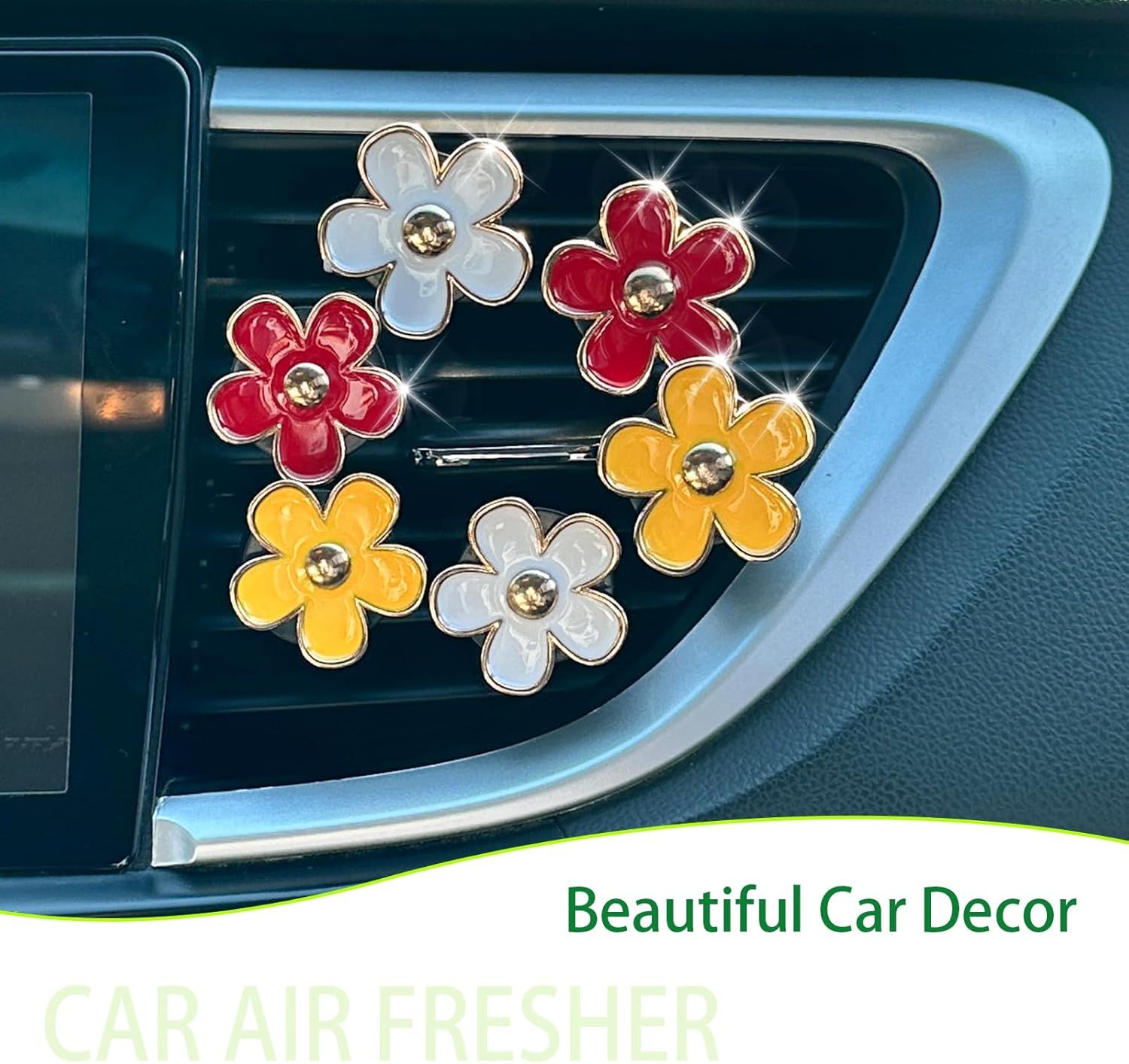 6pcs Flower Car Air Freshener Vent Clips,Red Yellow White Daisy Car Dashboard Accessories,3.3cm/3cm Flower Air Vent Clip for Women,Refillable Car Diffuser Decor - Image 2