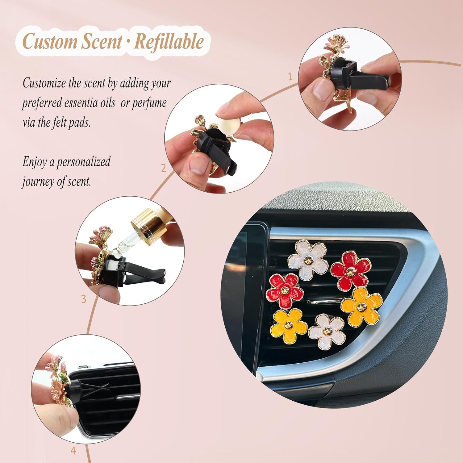 6pcs Flower Car Air Freshener Vent Clips,Red Yellow White Daisy Car Dashboard Accessories,3.3cm/3cm Flower Air Vent Clip for Women,Refillable Car Diffuser Decor - Image 5