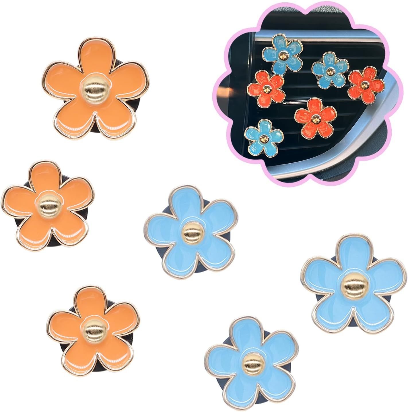 Flower Car Accessories,6pcs Daisy Car Air Freshener Vent Clips,3.3cm/3cm Blue Orange Flowers Decor,Refillable Diffusers for Women - Image 1