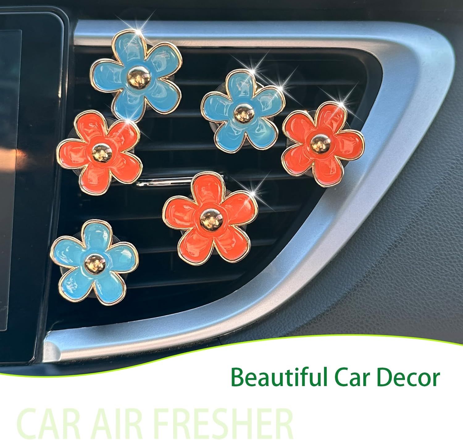 Flower Car Accessories,6pcs Daisy Car Air Freshener Vent Clips,3.3cm/3cm Blue Orange Flowers Decor,Refillable Diffusers for Women - Image 2