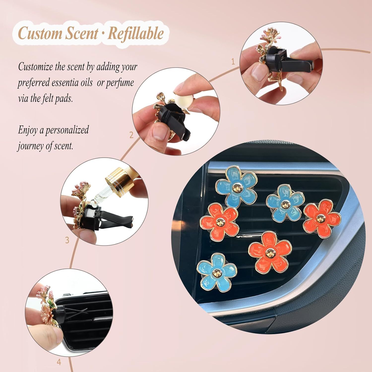Flower Car Accessories,6pcs Daisy Car Air Freshener Vent Clips,3.3cm/3cm Blue Orange Flowers Decor,Refillable Diffusers for Women - Image 5