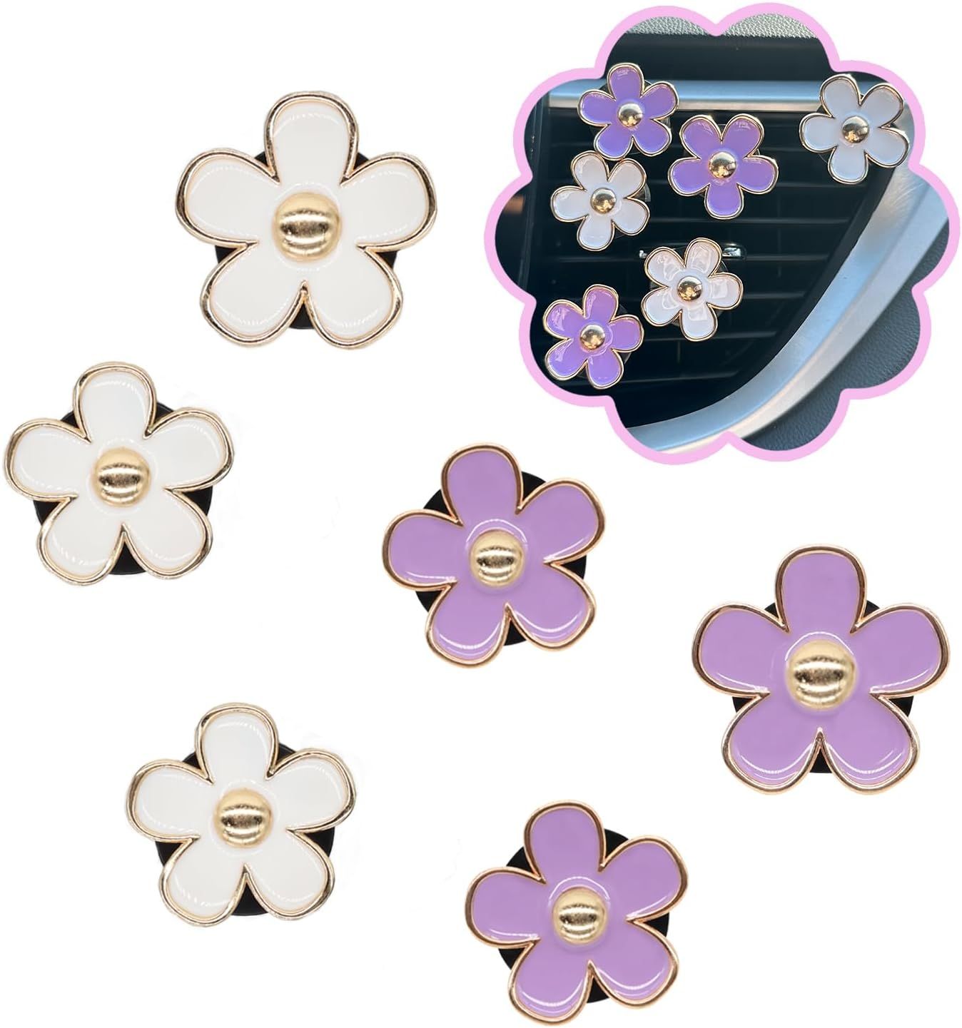 6pcs Flowers Car Air Freshener Vent Clips Purple White Daisy Air Vent Clip Car Accessories for Women 3.3cm/3cm Flower Vehicle Interior Decor Refillable Diffuser - Image 1