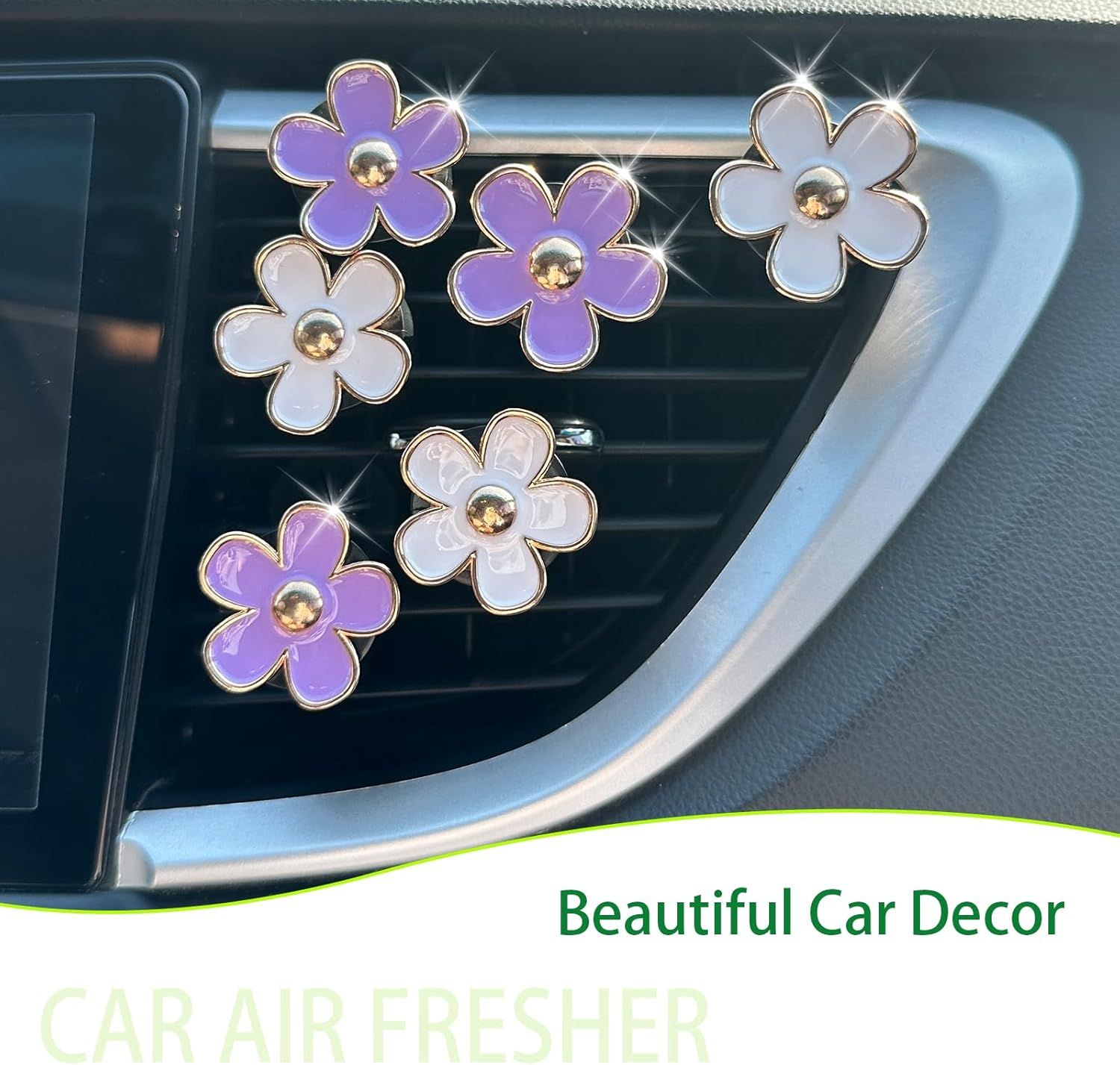 6pcs Flowers Car Air Freshener Vent Clips Purple White Daisy Air Vent Clip Car Accessories for Women 3.3cm/3cm Flower Vehicle Interior Decor Refillable Diffuser - Image 2