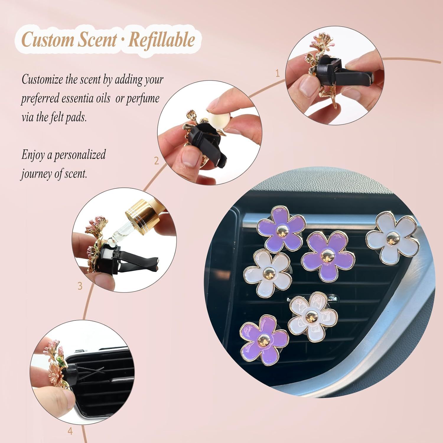 6pcs Flowers Car Air Freshener Vent Clips Purple White Daisy Air Vent Clip Car Accessories for Women 3.3cm/3cm Flower Vehicle Interior Decor Refillable Diffuser - Image 5