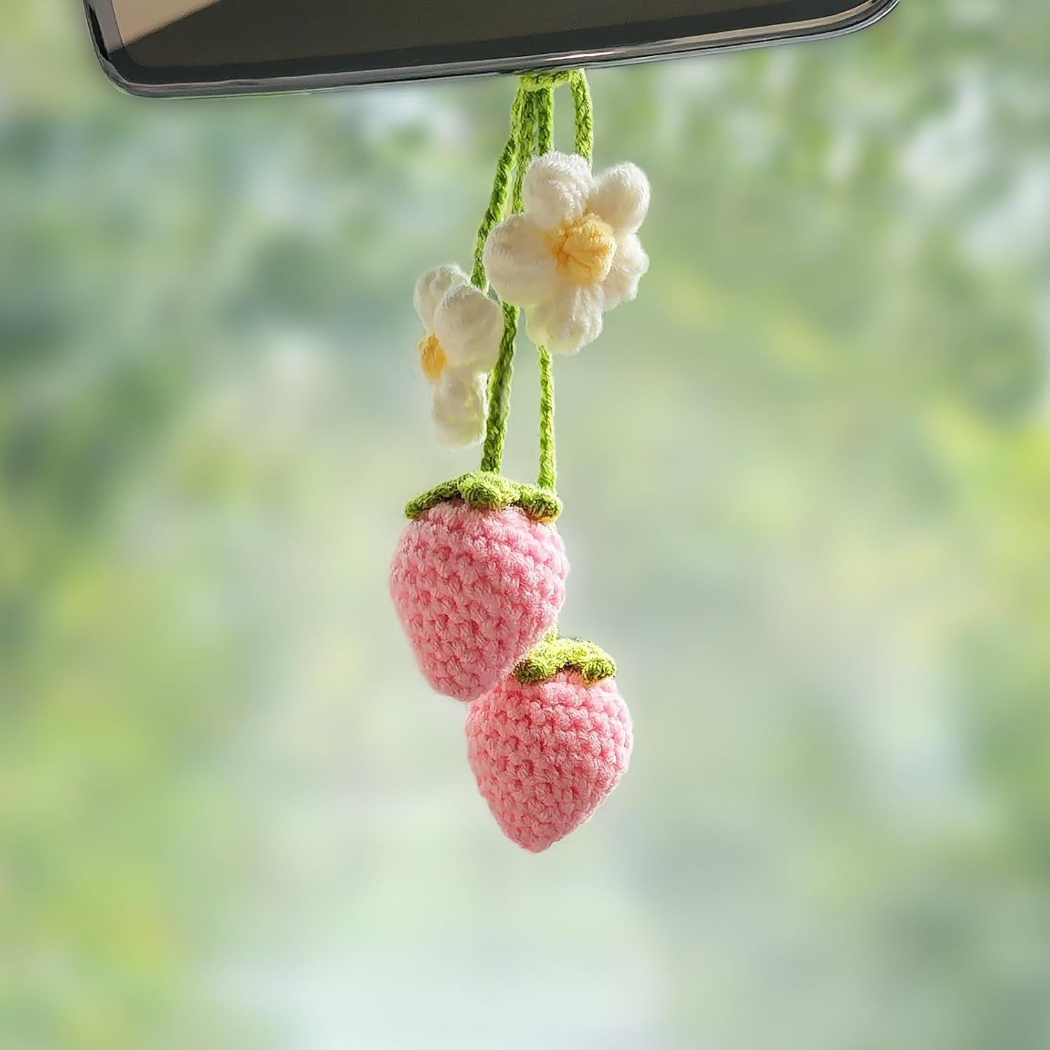 Crochet Strawberry and Flower Car Hanging Ornaments, Cute Aesthetic Rearview Mirror Hanging Accessories for Women and Girls, Handmade Polyester Fiber Car Decor 2-Pack - Image 1