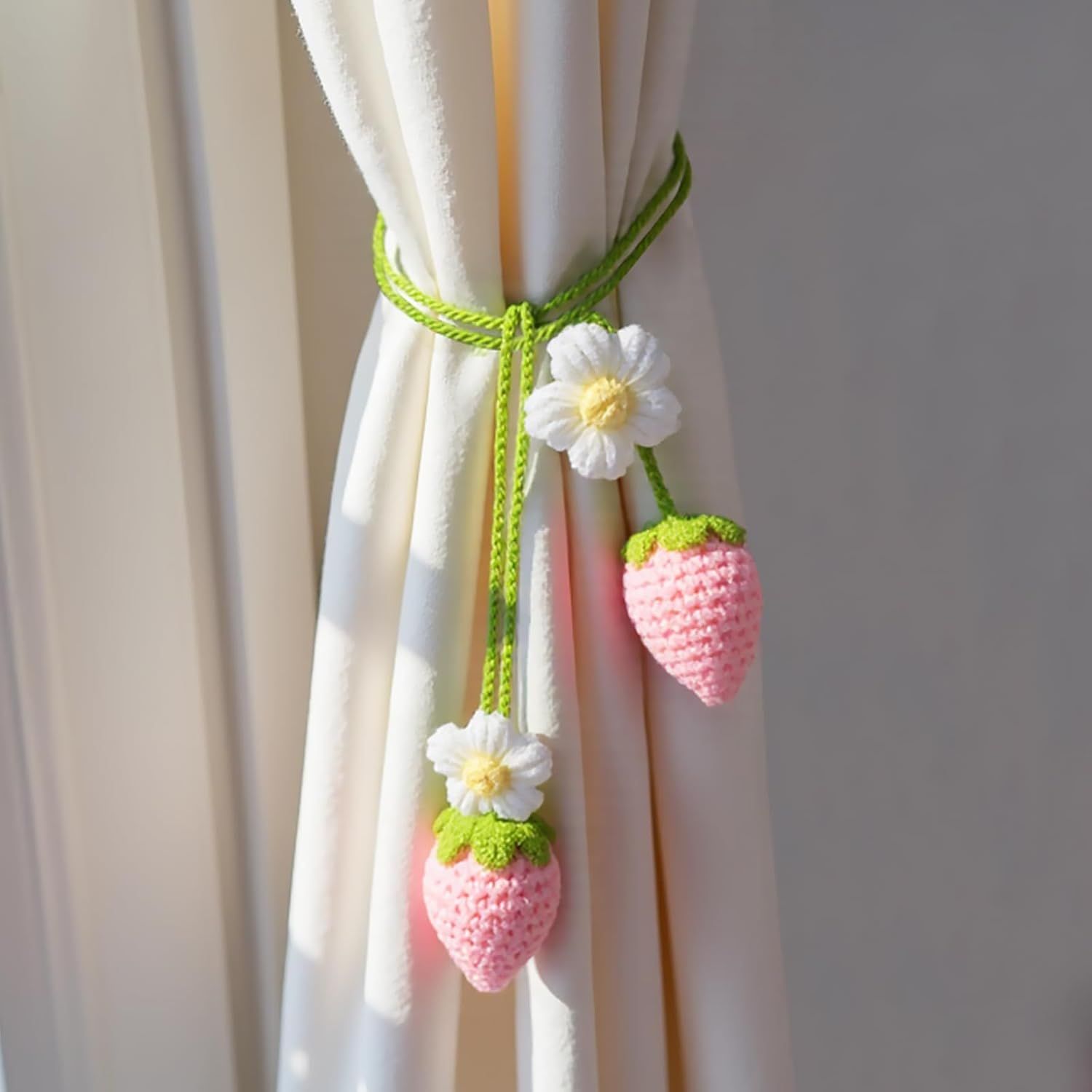 Crochet Strawberry and Flower Car Hanging Ornaments, Cute Aesthetic Rearview Mirror Hanging Accessories for Women and Girls, Handmade Polyester Fiber Car Decor 2-Pack - Image 4