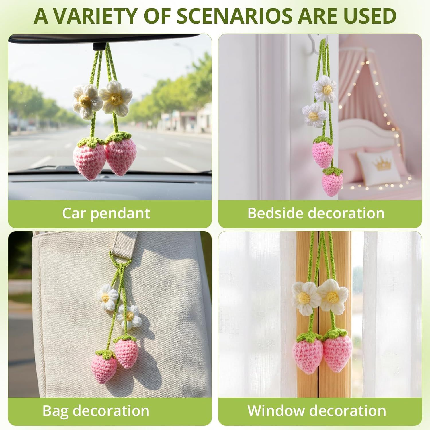 Crochet Strawberry and Flower Car Hanging Ornaments, Cute Aesthetic Rearview Mirror Hanging Accessories for Women and Girls, Handmade Polyester Fiber Car Decor 2-Pack - Image 5