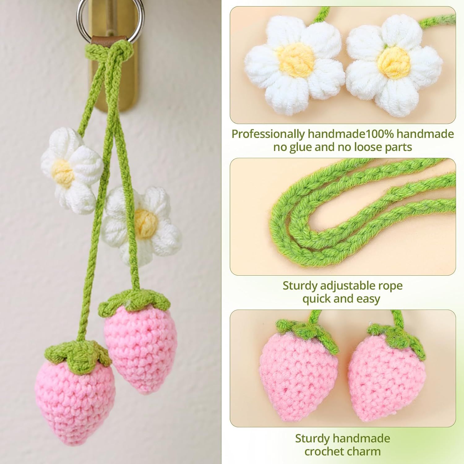 Crochet Strawberry and Flower Car Hanging Ornaments, Cute Aesthetic Rearview Mirror Hanging Accessories for Women and Girls, Handmade Polyester Fiber Car Decor 2-Pack - Image 6