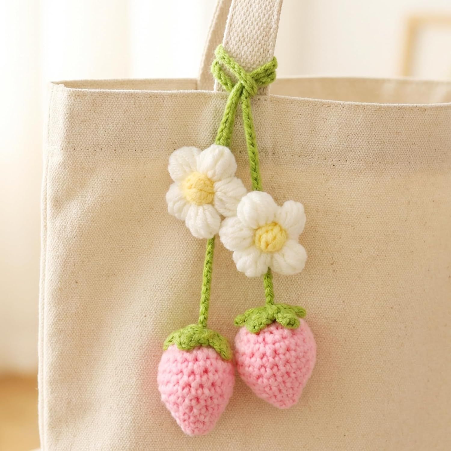 Crochet Strawberry and Flower Car Hanging Ornaments, Cute Aesthetic Rearview Mirror Hanging Accessories for Women and Girls, Handmade Polyester Fiber Car Decor 2-Pack - Image 7