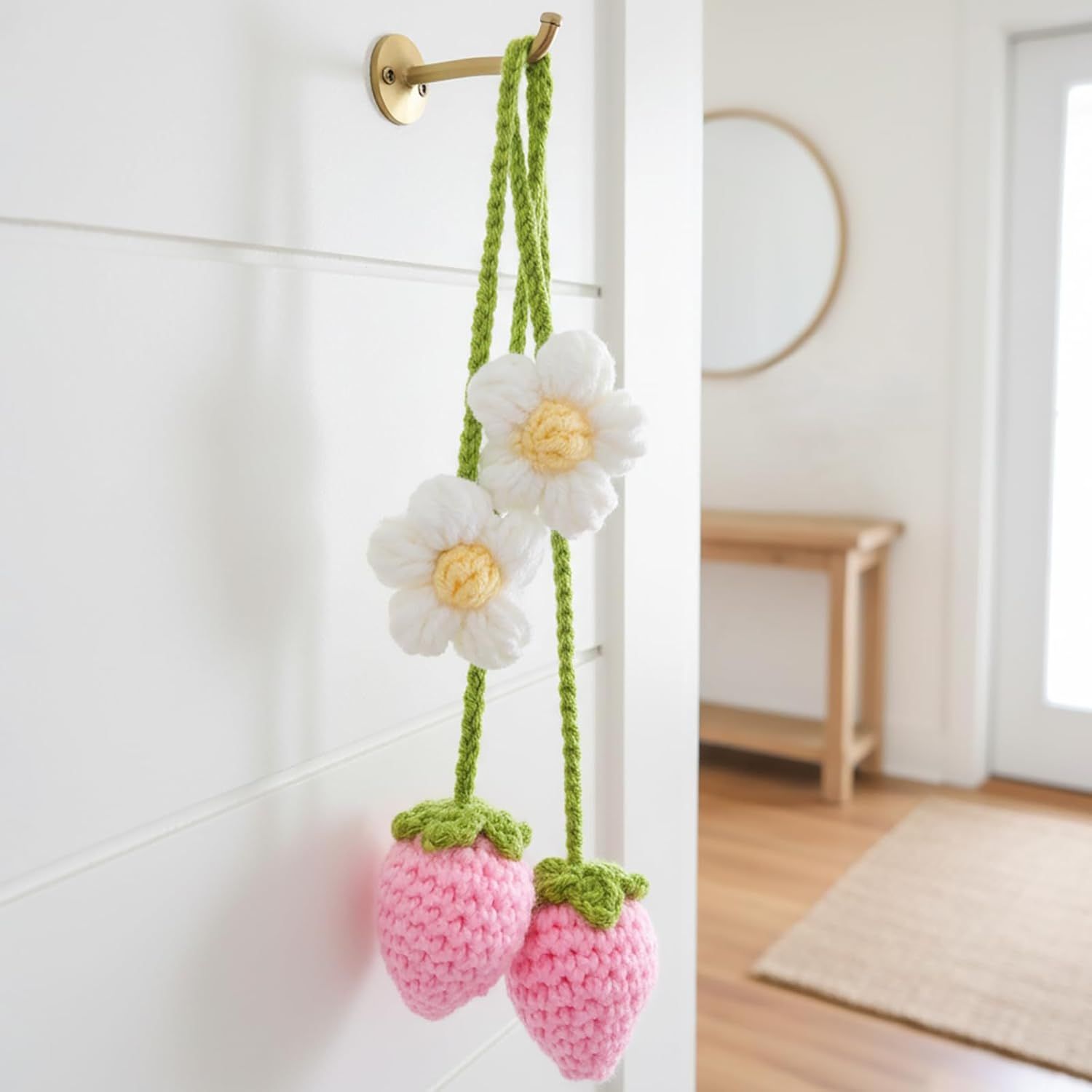 Crochet Strawberry and Flower Car Hanging Ornaments, Cute Aesthetic Rearview Mirror Hanging Accessories for Women and Girls, Handmade Polyester Fiber Car Decor 2-Pack - Image 8