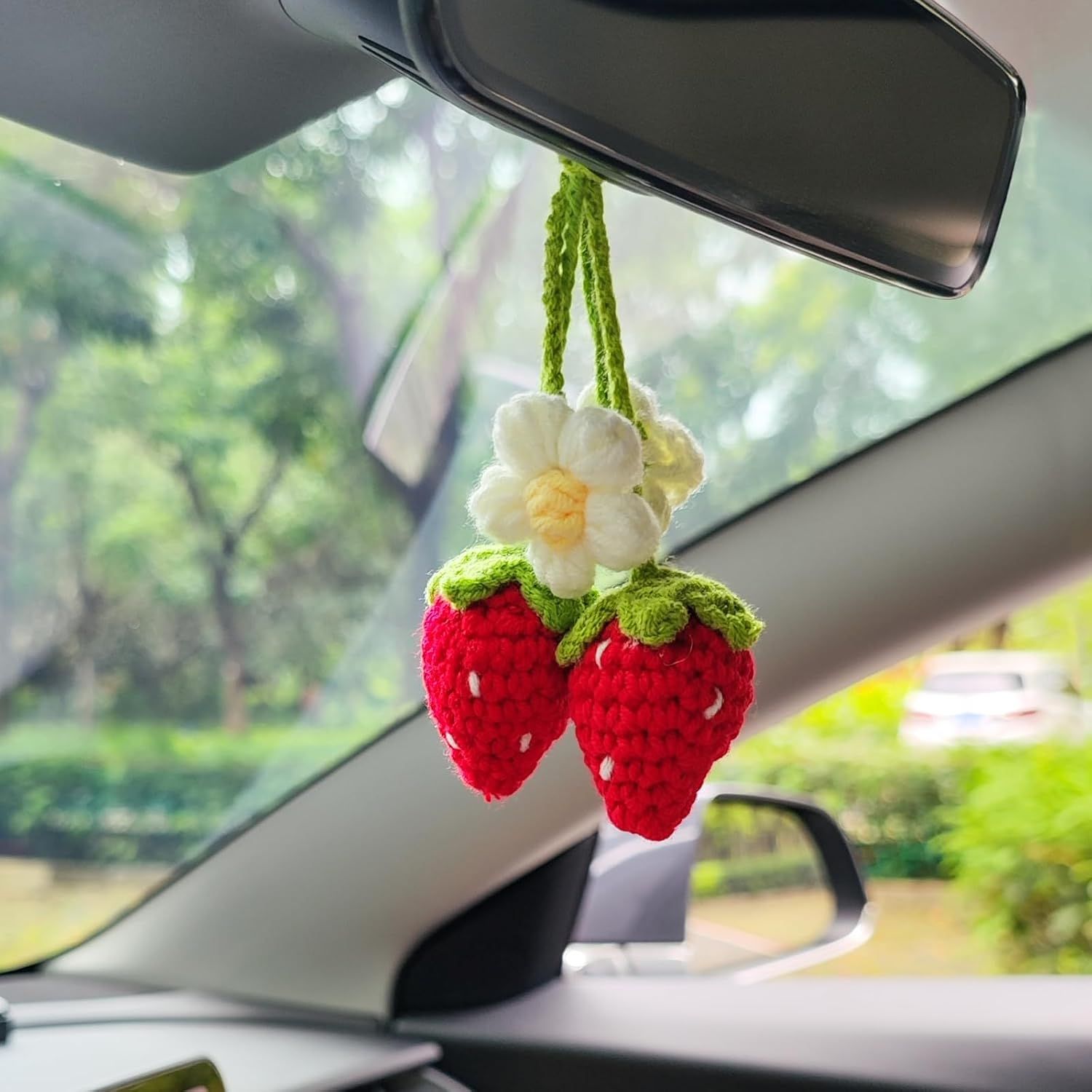 Handmade Crochet Red Strawberry and Flower Car Rear View Mirror Hanging Ornament - Cute Aesthetic Car Accessories for Women and Teens - Image 1