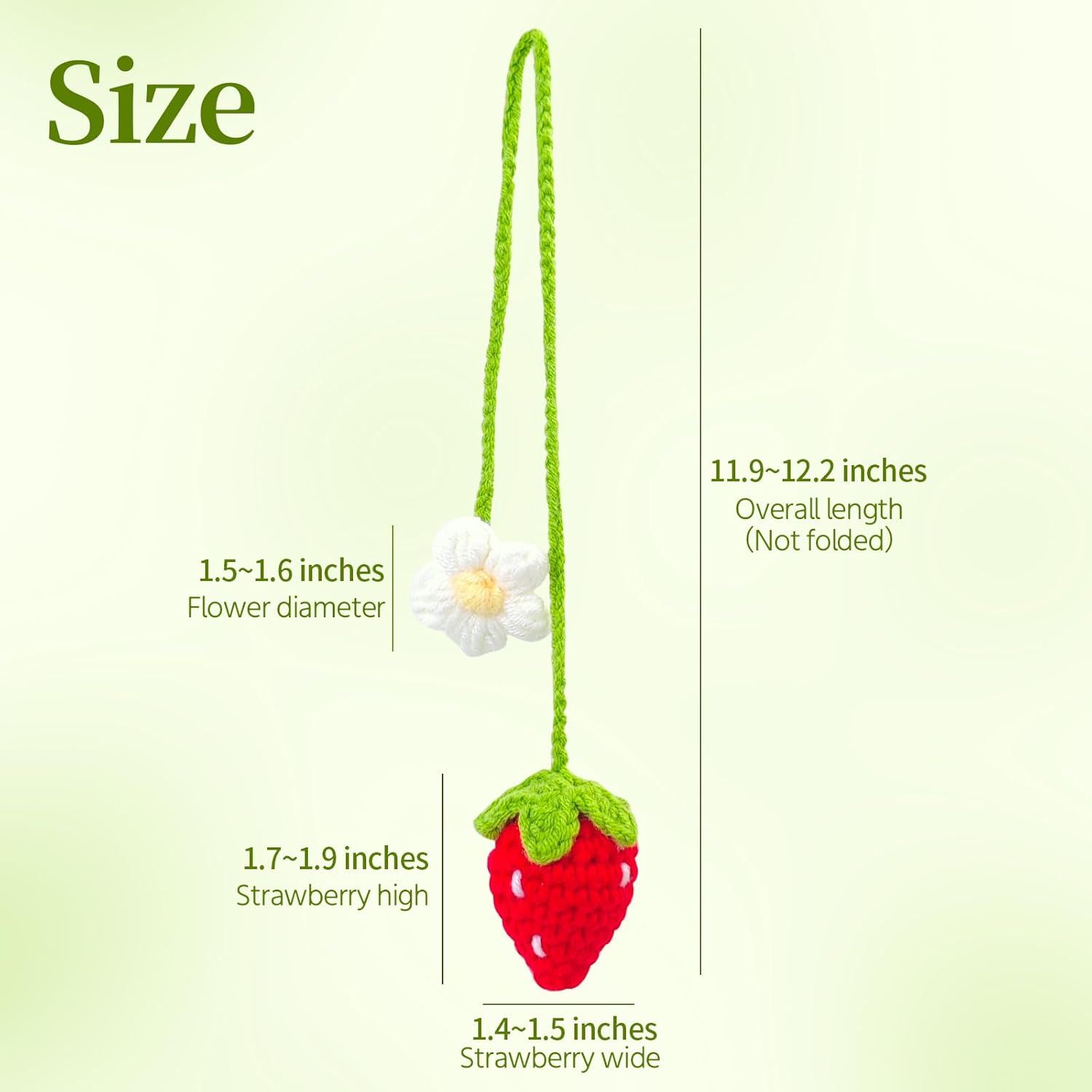 Handmade Crochet Red Strawberry and Flower Car Rear View Mirror Hanging Ornament - Cute Aesthetic Car Accessories for Women and Teens - Image 2