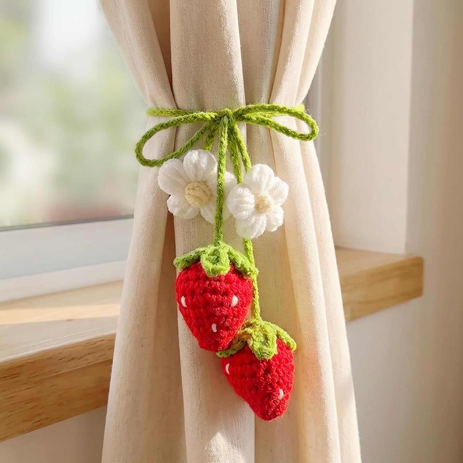 Handmade Crochet Red Strawberry and Flower Car Rear View Mirror Hanging Ornament - Cute Aesthetic Car Accessories for Women and Teens - Image 3