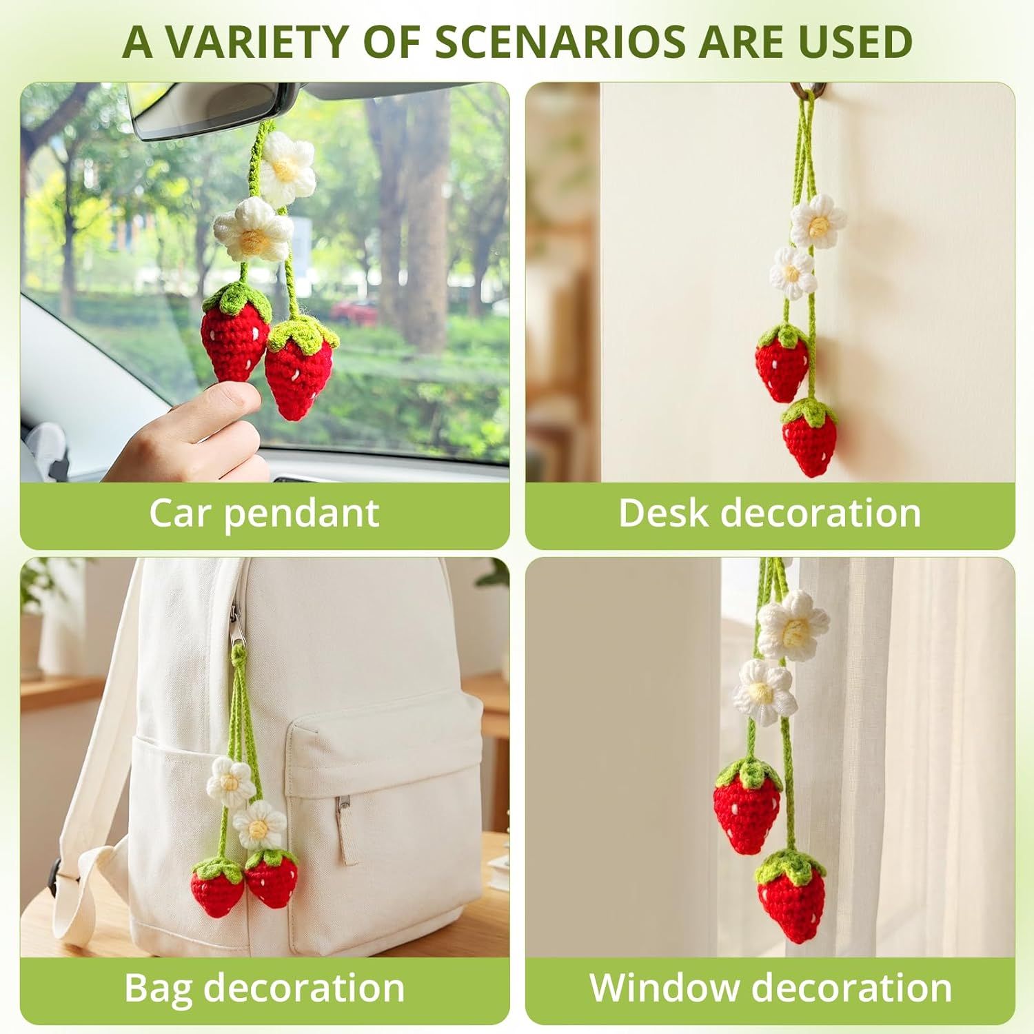Handmade Crochet Red Strawberry and Flower Car Rear View Mirror Hanging Ornament - Cute Aesthetic Car Accessories for Women and Teens - Image 4