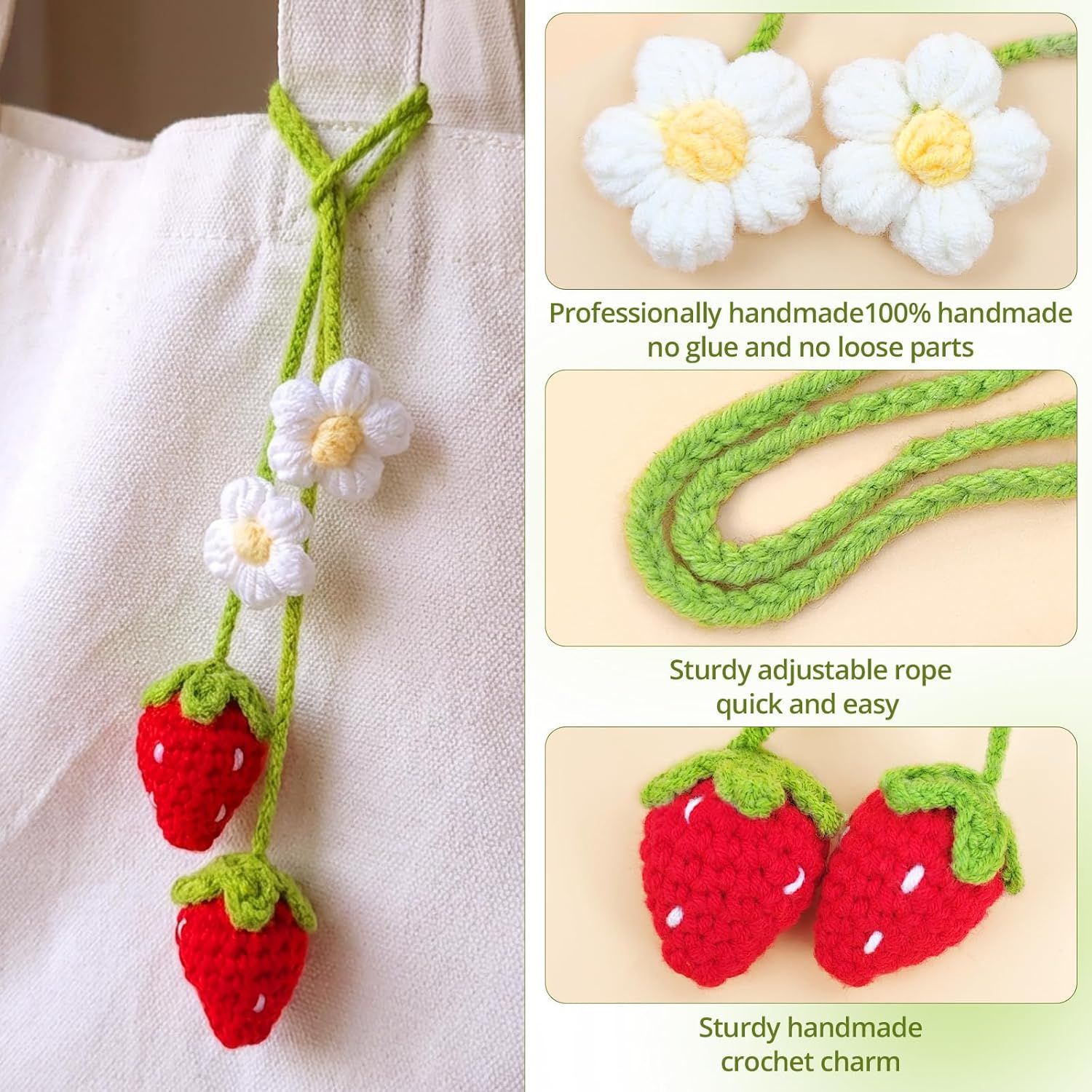 Handmade Crochet Red Strawberry and Flower Car Rear View Mirror Hanging Ornament - Cute Aesthetic Car Accessories for Women and Teens - Image 5