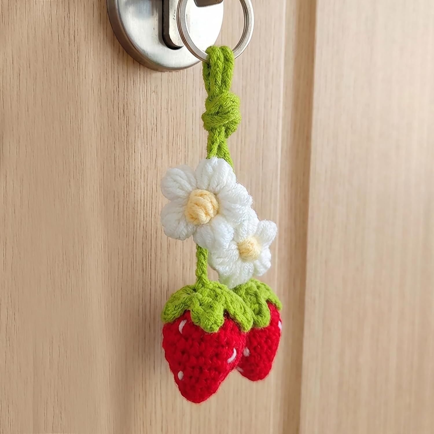 Handmade Crochet Red Strawberry and Flower Car Rear View Mirror Hanging Ornament - Cute Aesthetic Car Accessories for Women and Teens - Image 6