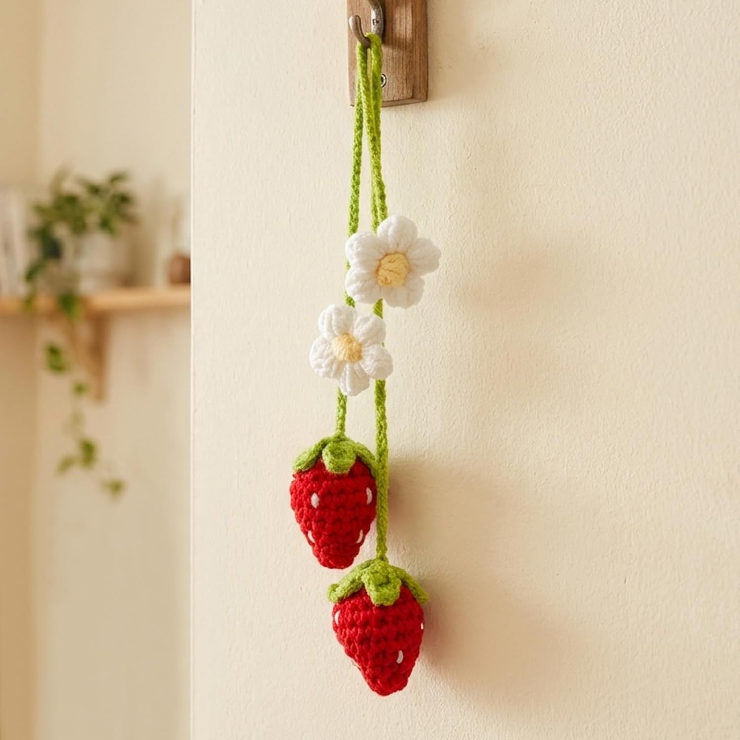 Handmade Crochet Red Strawberry and Flower Car Rear View Mirror Hanging Ornament - Cute Aesthetic Car Accessories for Women and Teens - Image 7