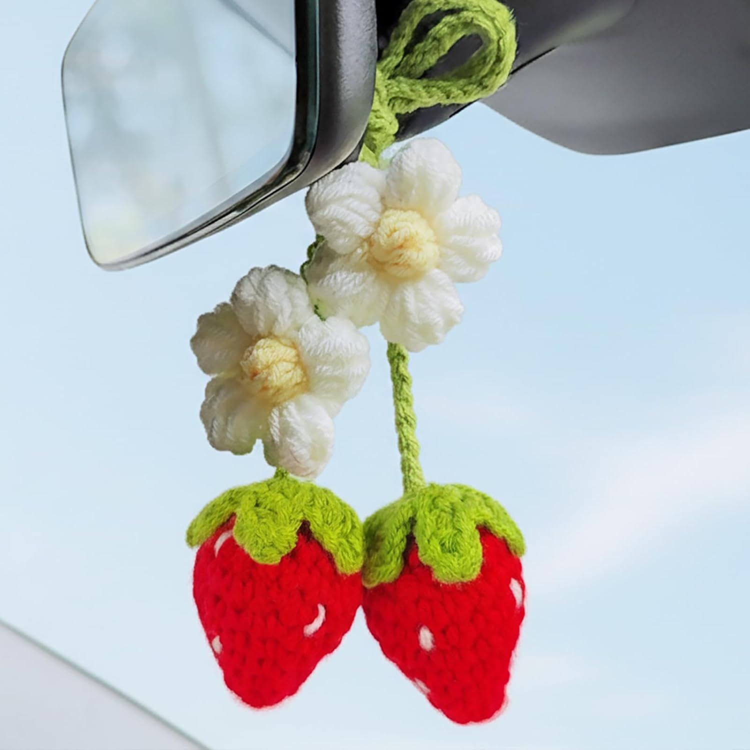 Handmade Crochet Red Strawberry and Flower Car Rear View Mirror Hanging Ornament - Cute Aesthetic Car Accessories for Women and Teens - Image 8