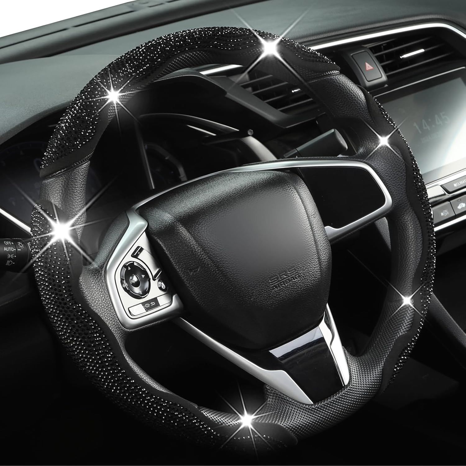 Diamond Bling Car Steering Wheel Cover with Crystal Rhinestones,3PCS Segmented Steering Wheel Protector,Universal for 99% Cars for Women(Black with Black Diamond) - Image 1