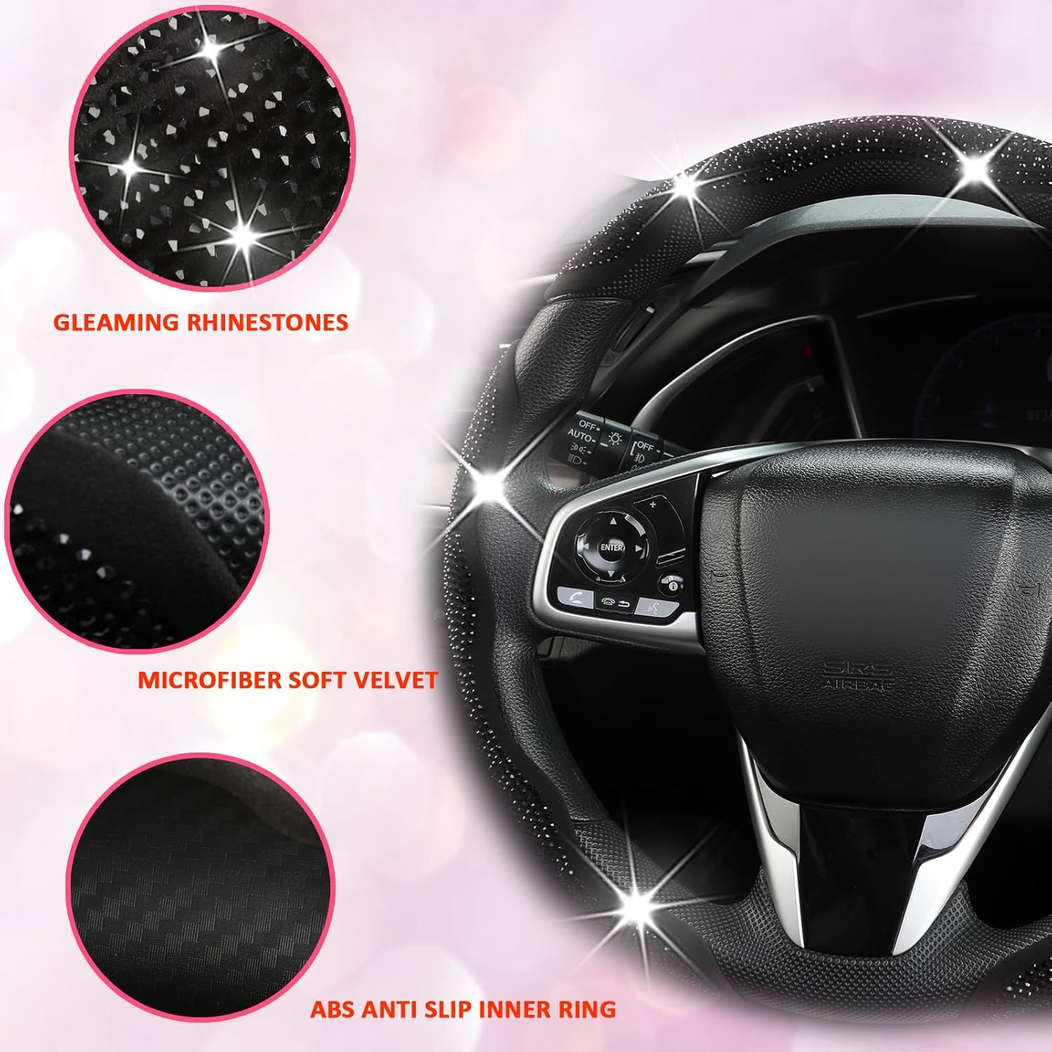 Diamond Bling Car Steering Wheel Cover with Crystal Rhinestones,3PCS Segmented Steering Wheel Protector,Universal for 99% Cars for Women(Black with Black Diamond) - Image 2