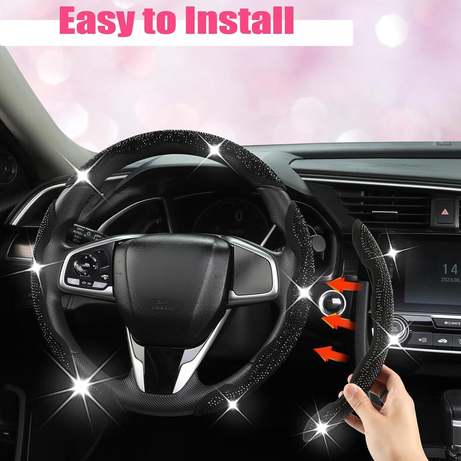 Diamond Bling Car Steering Wheel Cover with Crystal Rhinestones,3PCS Segmented Steering Wheel Protector,Universal for 99% Cars for Women(Black with Black Diamond) - Image 3