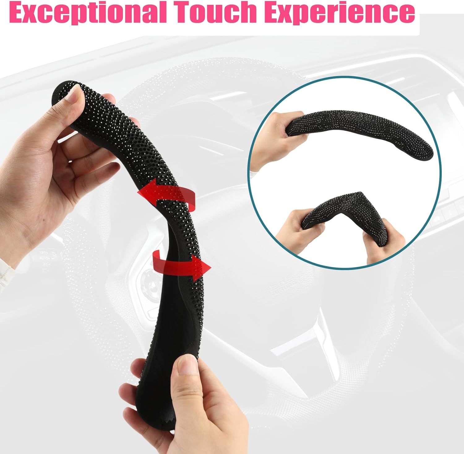 Diamond Bling Car Steering Wheel Cover with Crystal Rhinestones,3PCS Segmented Steering Wheel Protector,Universal for 99% Cars for Women(Black with Black Diamond) - Image 4