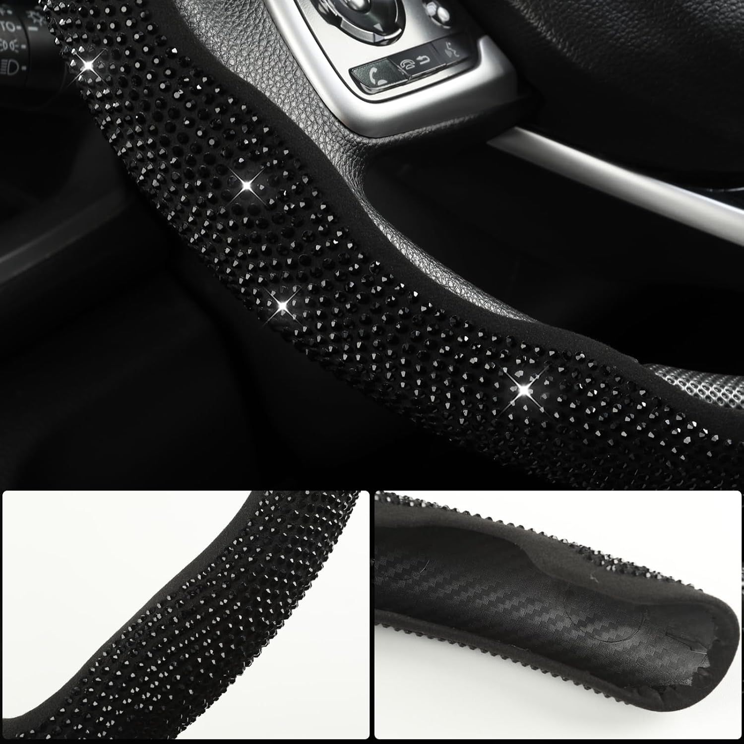 Diamond Bling Car Steering Wheel Cover with Crystal Rhinestones,3PCS Segmented Steering Wheel Protector,Universal for 99% Cars for Women(Black with Black Diamond) - Image 5