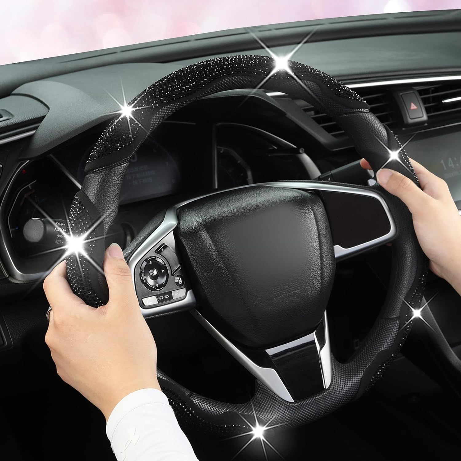 Diamond Bling Car Steering Wheel Cover with Crystal Rhinestones,3PCS Segmented Steering Wheel Protector,Universal for 99% Cars for Women(Black with Black Diamond) - Image 7