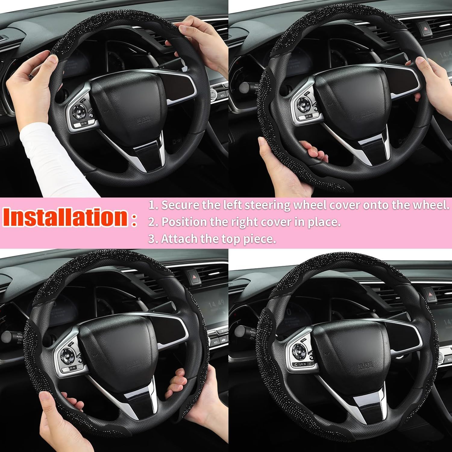 Diamond Bling Car Steering Wheel Cover with Crystal Rhinestones,3PCS Segmented Steering Wheel Protector,Universal for 99% Cars for Women(Black with Black Diamond) - Image 8