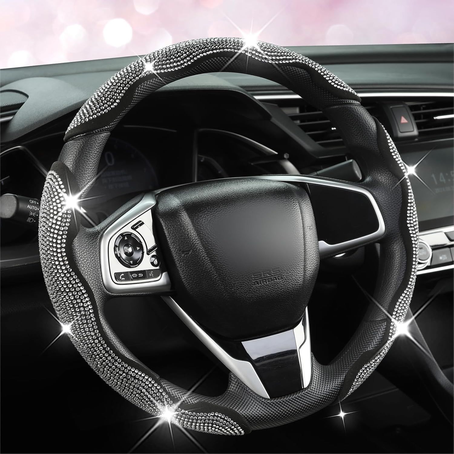 Diamond Bling Car Steering Wheel Cover with Crystal Rhinestones,3PCS Segmented Steering Wheel Protector,Universal for 99% Cars for Women(Black with White Diamond) - Image 1
